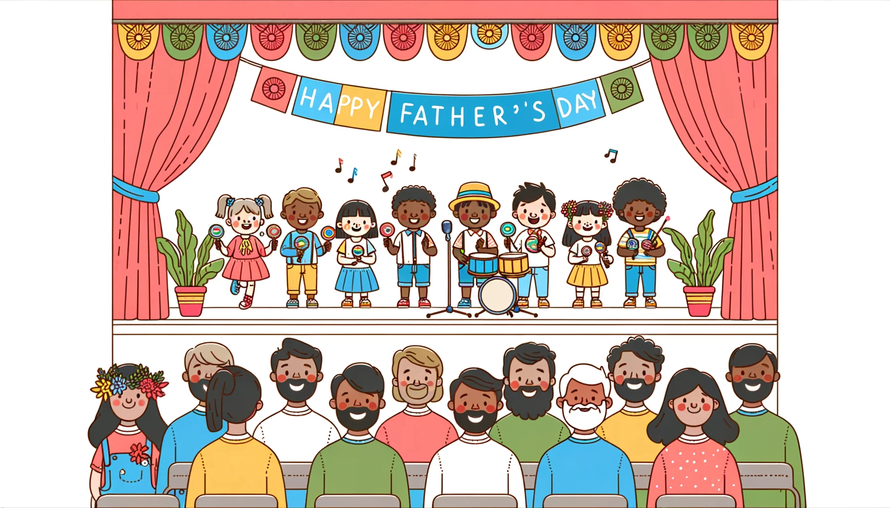 Illustration with clean and smooth line art depicting a joyful scene of preschool children from a mix of ethnic backgrounds on a decorated stage, each child holding a different musical instrument like tambourines and maracas, singing Father's Day songs. The audience in front of the stage is composed of smiling male figures of diverse ethnicities, representing fathers and father figures, with colorful banners above them reading 'Happy Father's Day'.