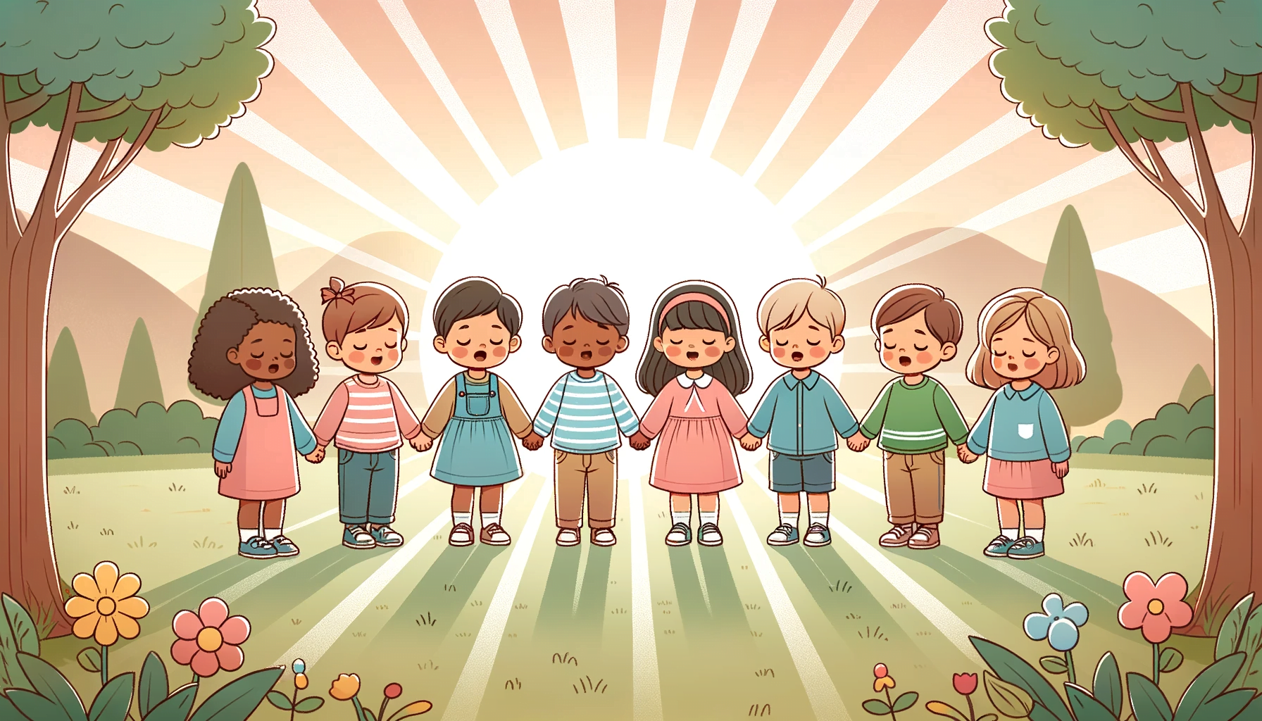 Illustration with clean and smooth line art depicting a group of preschool children of diverse ethnicities standing in a semi-circle in front of a backdrop of a sunrise. They are holding hands, with eyes closed, singing prayer songs in a serene outdoor setting, with light rays illuminating the children from behind, creating a gentle and spiritual atmosphere.