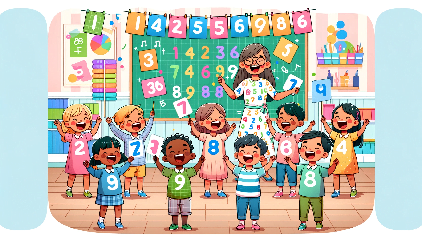 Illustration with clean and smooth line art depicting a diverse group of preschool children in a classroom setting. They are joyfully singing and surrounded by colorful numbers and mathematical symbols. Each child is holding up a flashcard with a different number, and the teacher is wearing a dress patterned with numerals. The scene is vibrant, educational, and engaging, with a number-themed decoration on the walls.