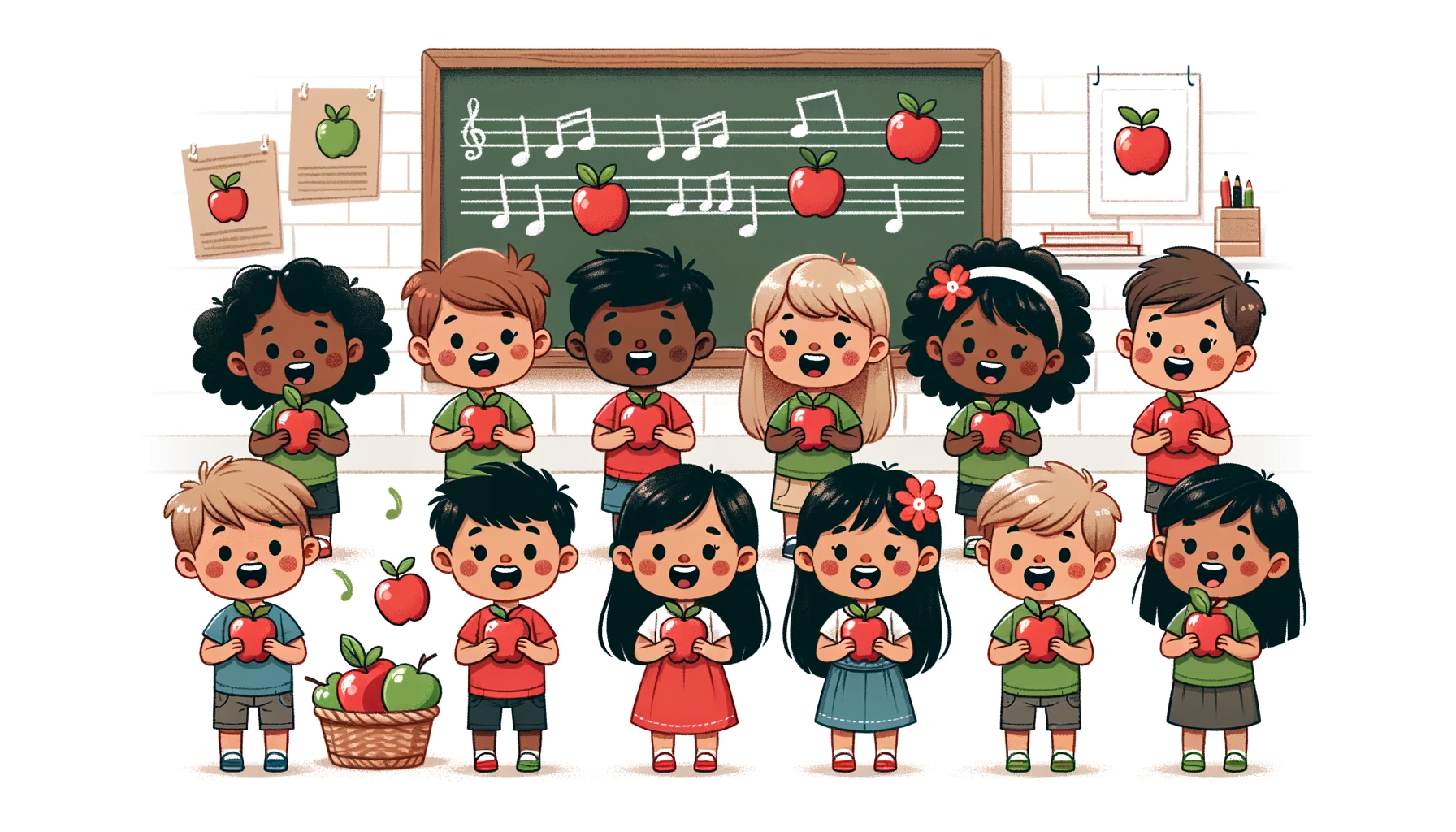 Illustration with clean and smooth line art showing a cheerful group of preschool children from different ethnic backgrounds, each holding a bright red apple and singing. They are in a classroom setting with an 'apple theme' decoration, including apple-shaped cutouts on the walls and apple drawings on a chalkboard.