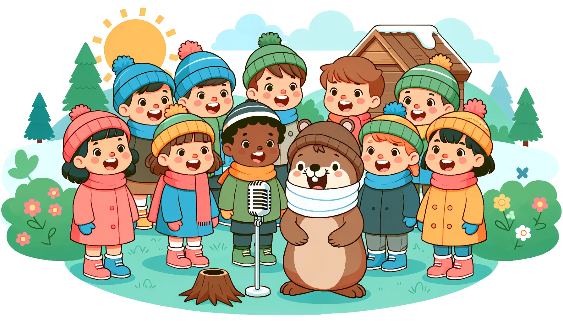 Illustration with clean and smooth line art of preschool children from various ethnicities bundled up in winter attire, gathered outside on a sunny day, singing about Groundhog Day. They are accompanied by a cheerful character in a Punxsutawney Phil costume, with a burrow set piece in the background.