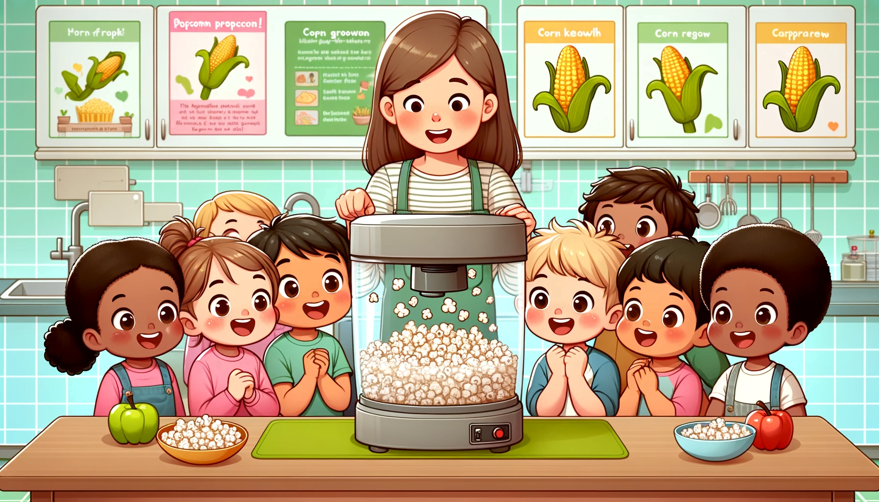 Illustration with clean and smooth line art of a diverse group of preschool children in a classroom kitchenette, excitedly watching popcorn kernels popping in a clear machine. The children have wide-eyed expressions of amazement as they see the popcorn jump. The teacher is helping them understand the process, with a background of educational posters about corn growth and healthy eating. The scene captures the wonder and educational aspect of the activity.
