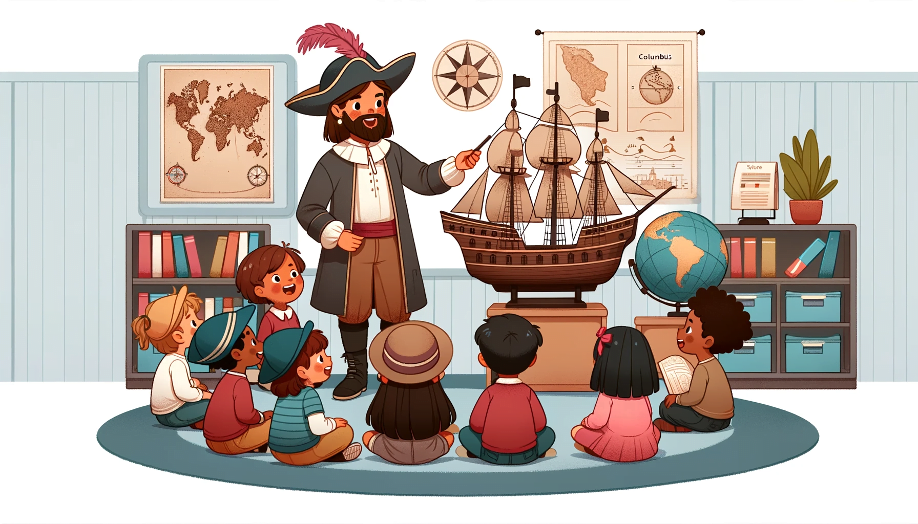 Illustration with clean and smooth line art of preschool children of diverse ethnic backgrounds in a classroom setting, with a historical theme. They are gathered around a model ship, singing and learning about explorers like Columbus. The teacher is dressed in a costume resembling that of an explorer from the Age of Discovery, pointing to a globe and nautical maps on the wall. The children are engaged and curious, some wearing paper tricorn hats.