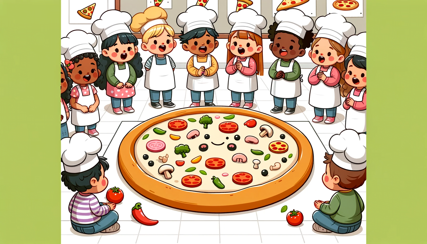Illustration with clean and smooth line art of preschool children from various ethnicities dressed in colorful chef outfits, gathered around a big cartoonish pizza cutout on the floor. They are singing and acting out the process of making pizza, with some holding cutout ingredients like mushrooms, peppers, and tomatoes, in a classroom setting that has drawings of different pizza slices on the walls.