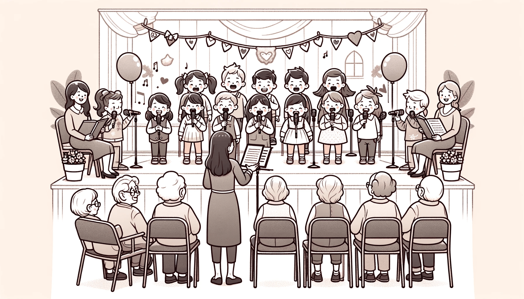 Illustration with clean and smooth line art depicting a group of preschoolers performing songs on a small stage in front of an audience of grandparents. The children are dressed in simple costumes and singing into microphones, with a teacher conducting. The grandparents are seated in chairs, watching with pride and joy. Decorations in the background suggest a celebratory and welcoming event, like a school performance or a family day.