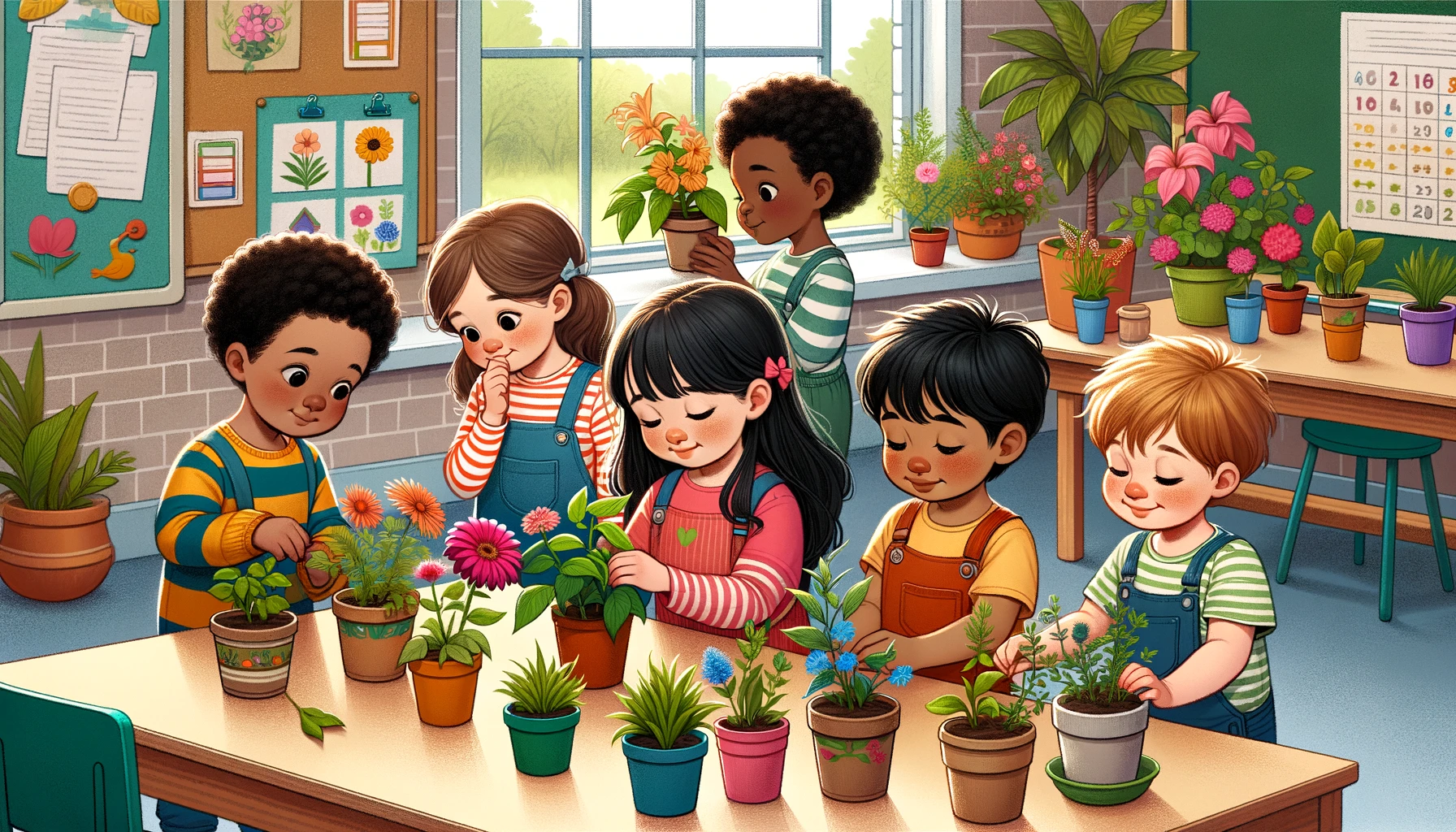 An illustration of a group of preschoolers engaging with nature. The scene shows diverse children, including a Caucasian boy, a Hispanic girl, a Black boy, a Middle-Eastern girl, and a South Asian boy, in a bright and colorful classroom setting. They are gathered around a table where various potted plants are placed. Each child is taking a turn to smell the plants, showing expressions of wonder and curiosity. The plants range from flowers with vibrant petals to herbs with green leaves, each providing a unique sensory experience. The children are drawn with smooth lines, clear expressions, and without heavy detailing, to capture the essence of young children's discovery of natural scents.