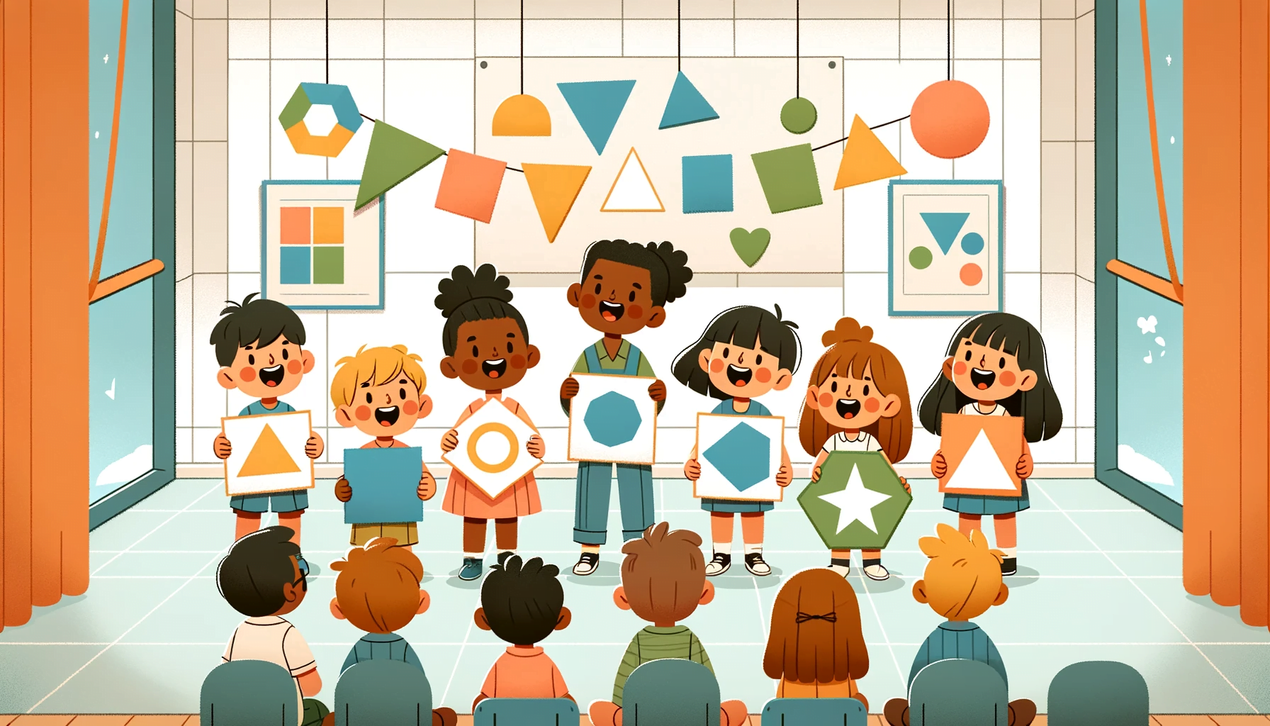 Illustration with clean and smooth line art showing preschool children from various ethnic backgrounds each holding a different large geometric shape cutout, like circles, squares, triangles, and hexagons. They are standing in a semi-circle, joyfully singing a shape-themed song in a classroom that has shape decorations hanging from the ceiling and shape posters on the walls.