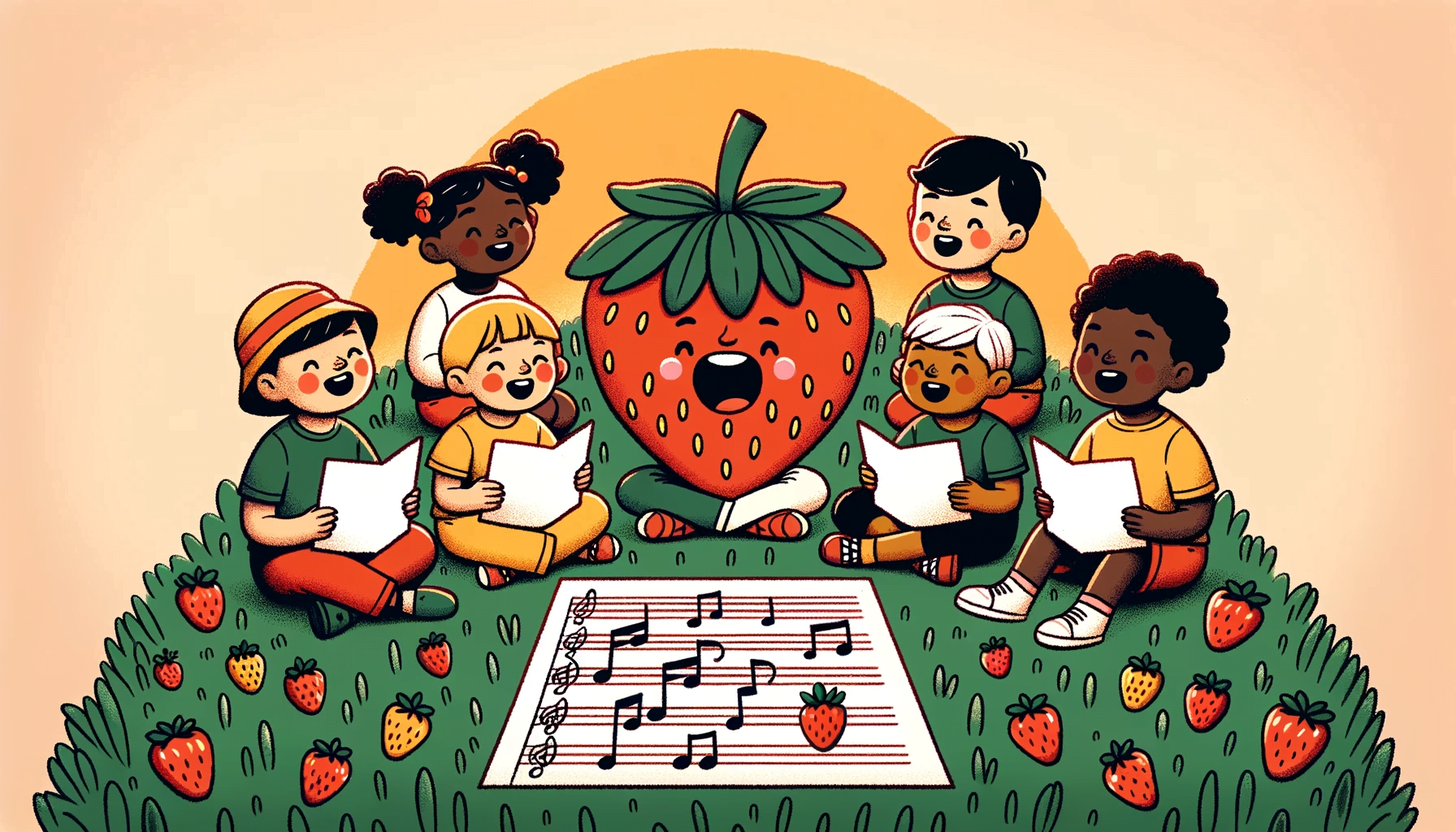 Illustration in a style with clean and smooth line art depicting a multiethnic group of preschool children sitting on a grassy lawn shaped like a strawberry. Each child is singing a different note with a music sheet in front of them, which has illustrations of strawberries instead of traditional music notes. The sun is setting in the background, casting a warm glow over the scene.