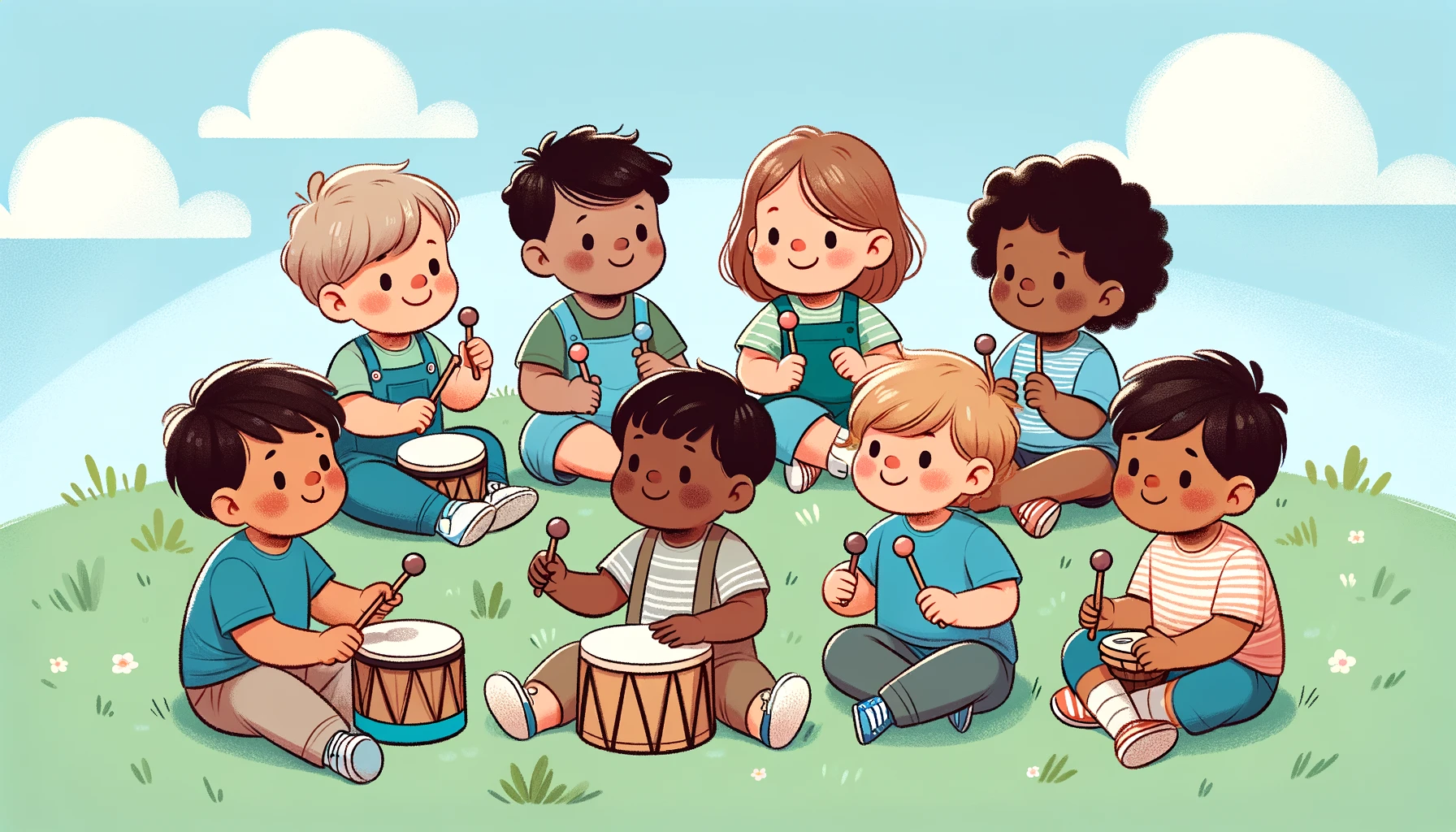 The image depicts a group of preschool kids from diverse backgrounds engaging in a playful music session outdoors, each playing a different simple musical instrument.