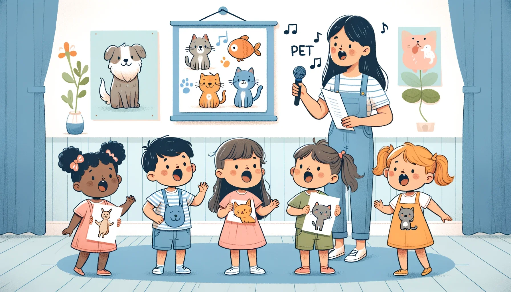 Illustration with clean and smooth line art of preschool children of different ethnicities in a bright classroom, singing songs about pets. They are holding drawings of animals like dogs, cats, and fish, with a teacher leading the song, pointing to a chart of pet animals on the wall.