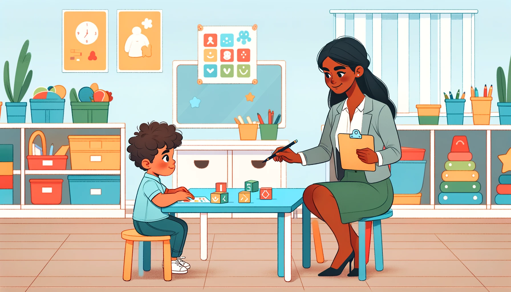 A bright and cheerful preschool classroom scene, showcasing a teacher conducting an assessment with a preschooler.