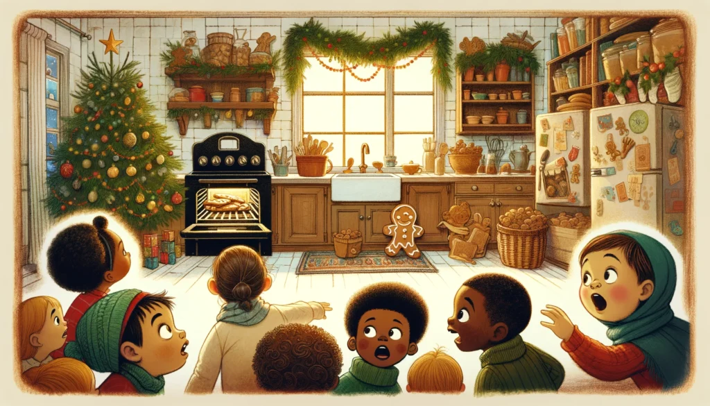 It shows a group of diverse children (Caucasian, Hispanic, Black, Asian) in a cozy kitchen setting, looking surprised and curious. They are searching for the Gingerbread Man who has just escaped from the oven. The oven door is open, with a hint of the Gingerbread Man's trail leading out the door. The kitchen is warmly lit and decorated with festive holiday decor, conveying a sense of Christmas cheer.
