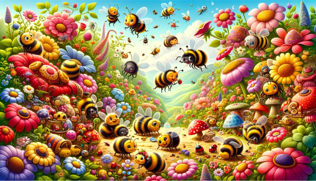 features a whimsical and colorful garden scene, alive with playful bumblebees and other small creatures, creating a joyful and enchanting atmosphere.