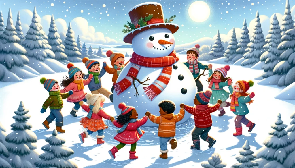 joyful winter scene, featuring diverse children dancing around a cheerful snowman, set against a backdrop of a snowy landscape and conveying the warmth and happiness of a winter day filled with play and dance.