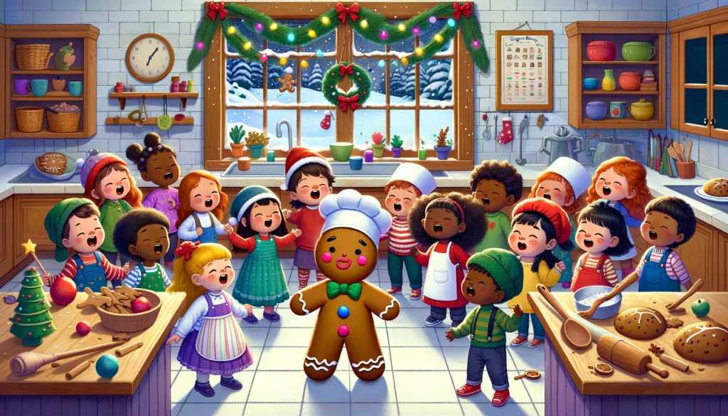 a joyful and whimsical scene with diverse preschool children singing and dancing around a gingerbread boy in a festively decorated kitchen, capturing the magic and fun of the holiday season.