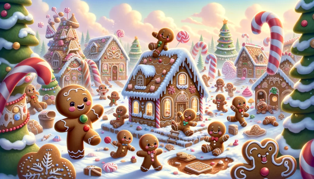 a group of gingerbread kids in a magical gingerbread world is ready. It depicts a whimsical scene with gingerbread kids engaging in playful activities in a festive, imaginative candy land, capturing the wonder and joy of a child's imagination during the holiday season.