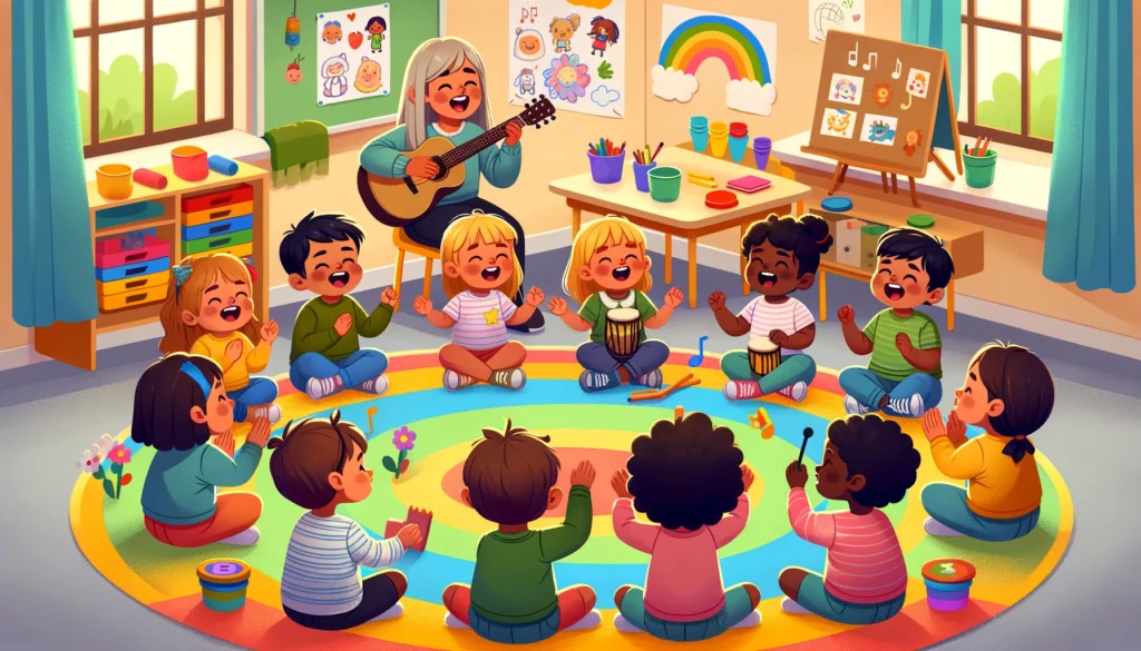 a diverse group of young children in a vibrant classroom setting, joyfully engaged in a musical activity, capturing the essence of preschool education through music, fun, and social interaction.