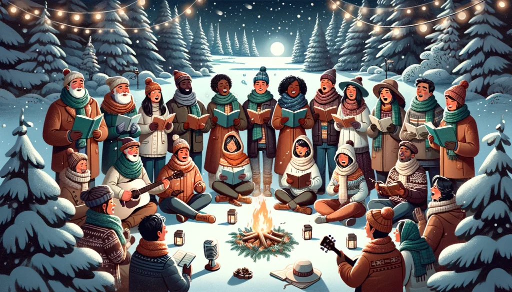 a cozy and festive winter scene with a diverse group of people gathered together, singing and celebrating the spirit of winter through music in a snowy landscape.