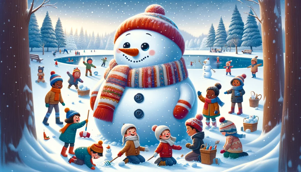a charming winter scene with a large, smiling snowman and diverse children playing around it, creating a joyful and whimsical atmosphere that reflects the magic of winter play.