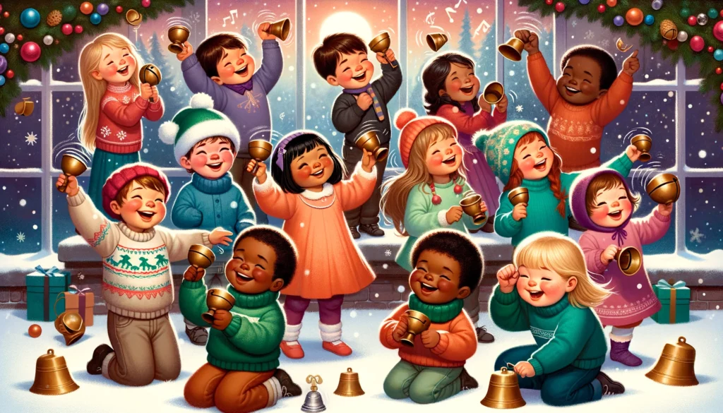 The image depicts a joyful scene with a diverse group of children (Caucasian, Hispanic, Black, Asian) engaging in various actions as described in the song. The children are ringing small bells, with some ringing them high, others low, some fast, and some slow. Additionally, children are shown ringing bells to the left, right, and even playfully hiding them out of sight. The background is festive and colorful, adorned with holiday decorations and softly falling snow, creating a magical Christmas atmosphere. The children's expressions convey delight and wonder, capturing the playful and merry essence of the song. 