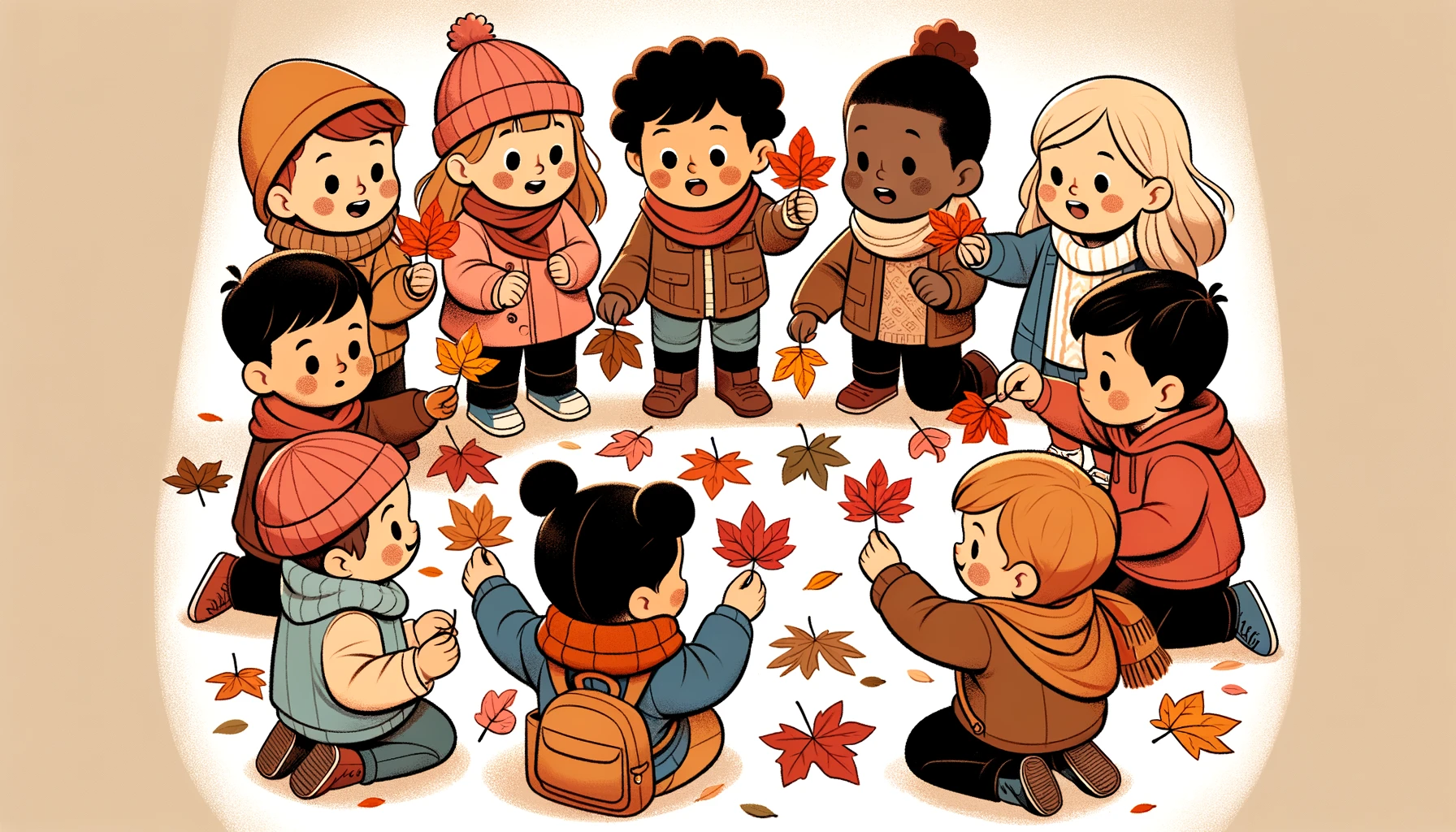 An illustration of preschool children playing a leaf matching game with different color autumn leaves. The scene depicts a diverse group of children engaged in an educational game. They are outdoors, surrounded by the warm hues of fall. The kids are depicted with excitement and curiosity as they hold up leaves, comparing the vibrant reds, oranges, and yellows to find matches. 