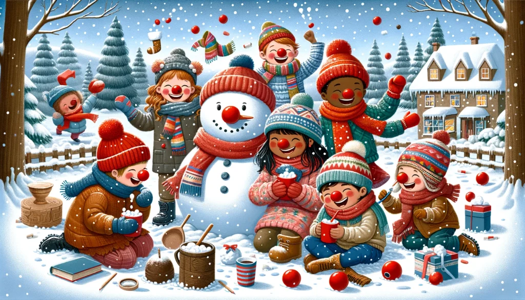 a heartwarming winter scene with diverse children engaged in playful activities, capturing the essence of winter play and the simple joy of being outdoors in the cold.