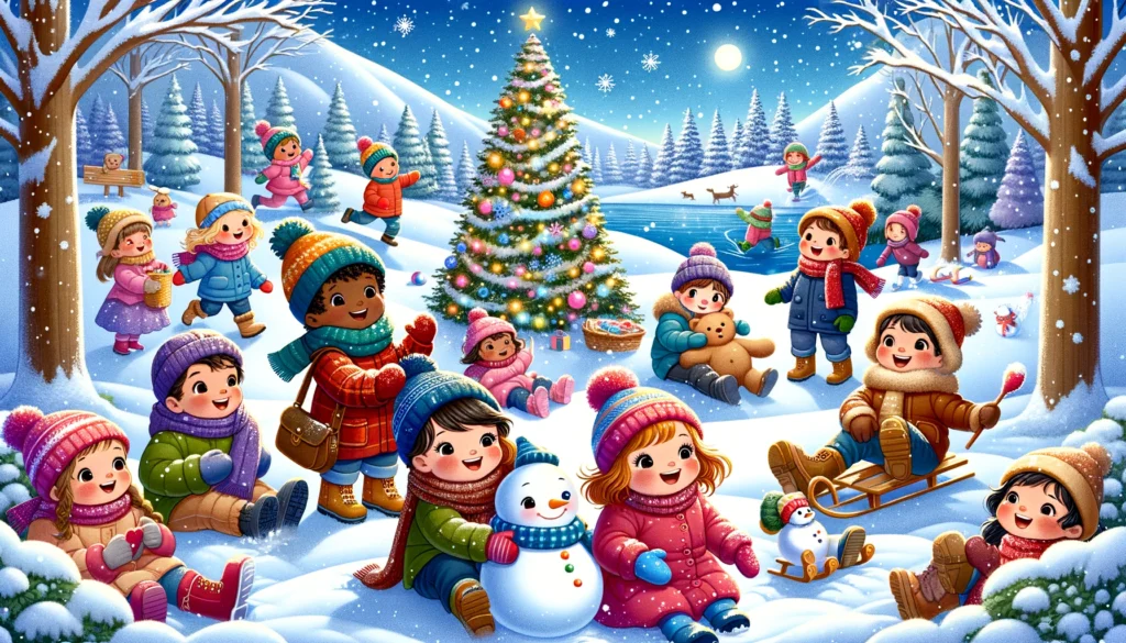 The image captures the joy and playfulness of young children exploring a magical snowy landscape, complete with activities like building snowmen, sledding, and making snow angels.
