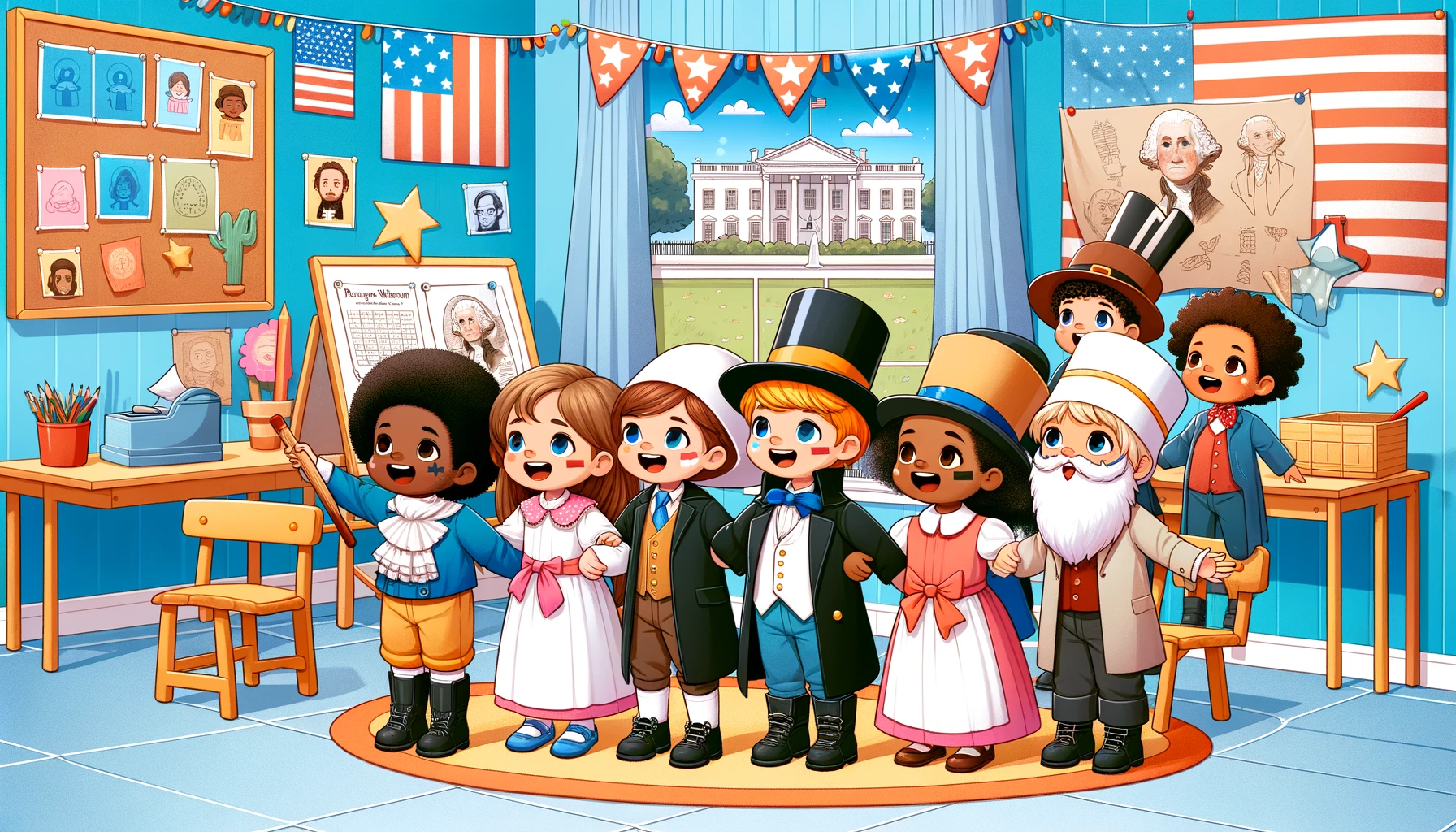 An illustration for a preschool education blog, showcasing a playful and educational scene. The setting is a bright, colorful classroom with decorations of stars and stripes, hinting at the President's Day theme. In the foreground, a group of diverse children, each child representing a different descent (Caucasian, Hispanic, Black, Middle-Eastern, South Asian) are dressed in simple, recognizable costumes of historical figures, suggestive of a school play. One child, dressed as George Washington, stands at the center, holding a mock wooden sword, and another, dressed as Abraham Lincoln, sports a tall hat and a beard drawn with face paint. There's a sense of movement, as if they are mid-performance in a song, with expressions of joy and engagement. In the background, a paper cut-out of the White House is pinned to a bulletin board, completing the theme. The whole scene is done with clean and smooth line art without heavy detailing, suitable for a preschool audience.
