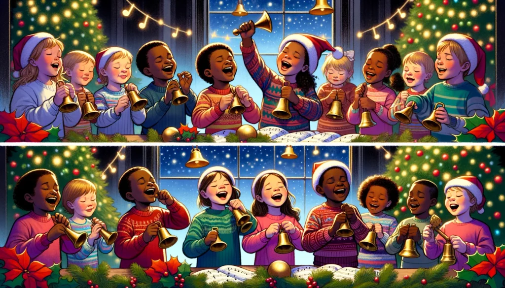 The image features a group of diverse children (Caucasian, Hispanic, Black, Asian) joyfully ringing Christmas bells. The first scene shows the children ringing the bells loudly and clearly, with bright, exuberant expressions. The second scene depicts the children ringing the bells softly and quietly, with gentle, focused expressions. The final scene portrays the children ringing the bells fast and loud, their faces filled with excitement and energy. The background is festive, with Christmas decorations like holly, lights, and a beautifully decorated tree. 