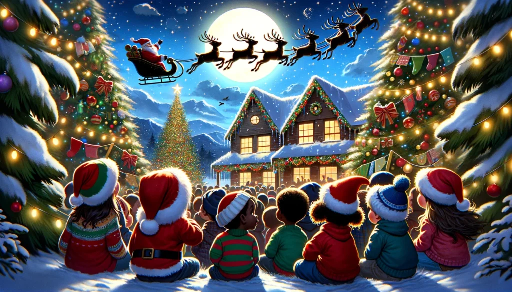 It features diverse children (Caucasian, Hispanic, Black, Asian) eagerly awaiting Santa's arrival. The children are looking up into the starry night sky, where Santa's sleigh, led by reindeer, can be seen in the distance. The ground is covered in snow, and the children are surrounded by beautifully decorated Christmas trees and sparkling lights. The atmosphere is filled with anticipation and joy, as the children listen to the sleigh bells ringing in the distance. 