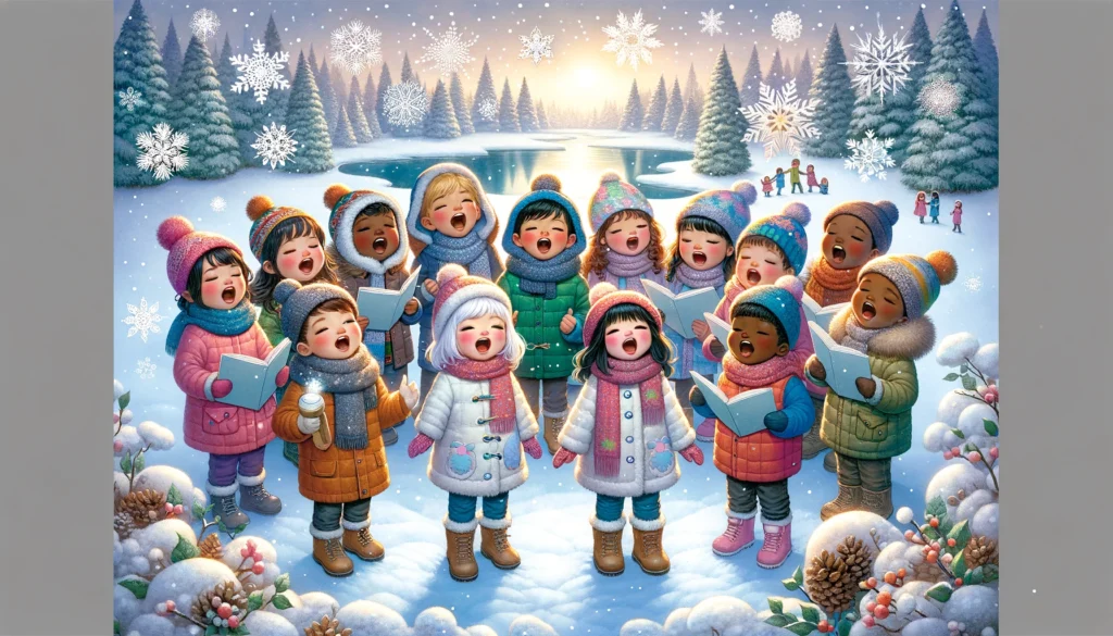  a group of diverse children singing a snowflake-themed song, set against a magical snowy landscape, capturing the joy and wonder of a snowy winter day.