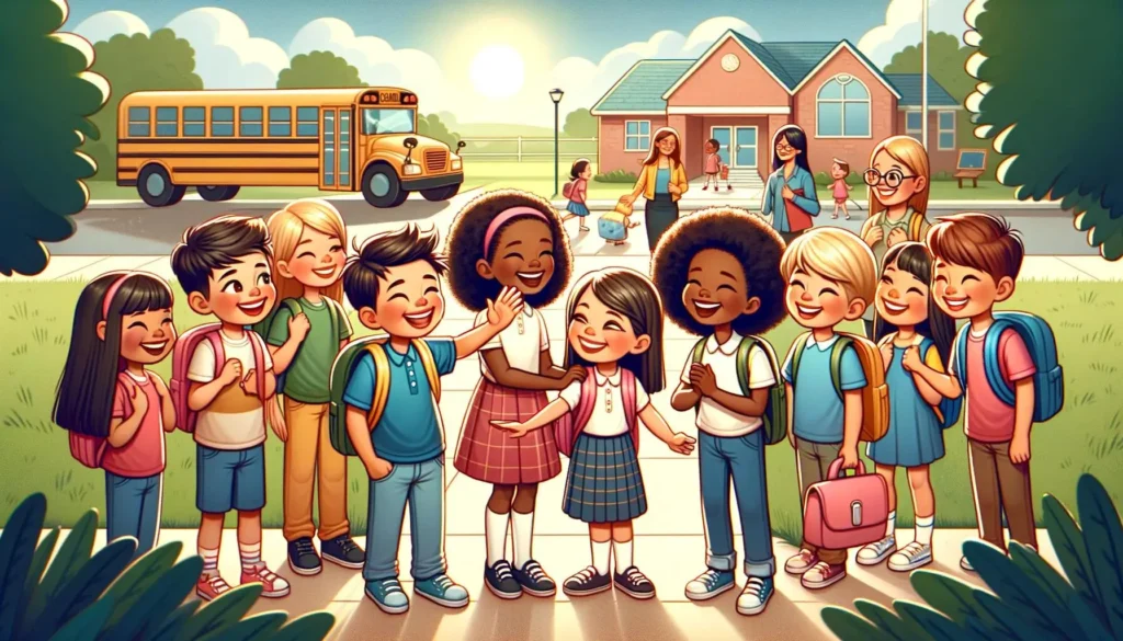 a diverse group of children in a cheerful school setting, arriving with big smiles and greeting each other, creating a positive and welcoming atmosphere.