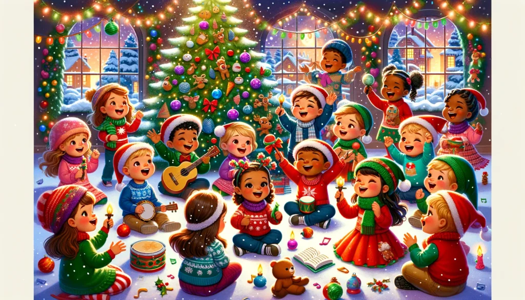  It features a group of diverse preschool children (Caucasian, Hispanic, Black, Asian) joyfully singing and acting out various Christmas songs. They are surrounded by Christmas decorations, including a large, beautifully decorated Christmas tree, strings of lights, and colorful ornaments. Some children are dressed in Santa hats and reindeer antlers, while others are holding small musical instruments like bells and tambourines. The background is filled with softly falling snow and a cozy, warmly-lit house, creating a magical and cheerful atmosphere. 