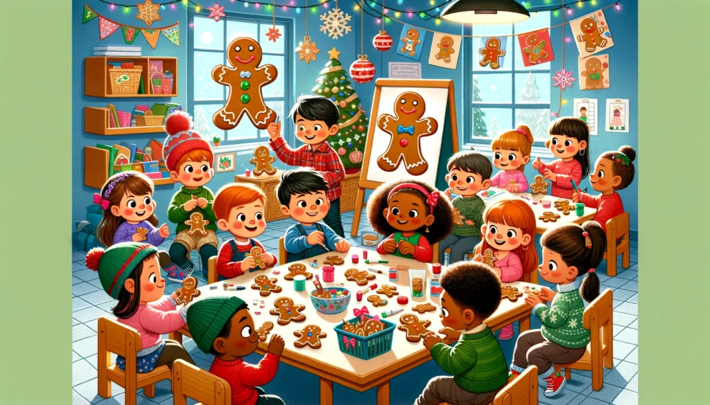 a vibrant and festive classroom scene with diverse children engaging in holiday activities, creating a cheerful and imaginative atmosphere typical of the holiday season in a preschool setting.