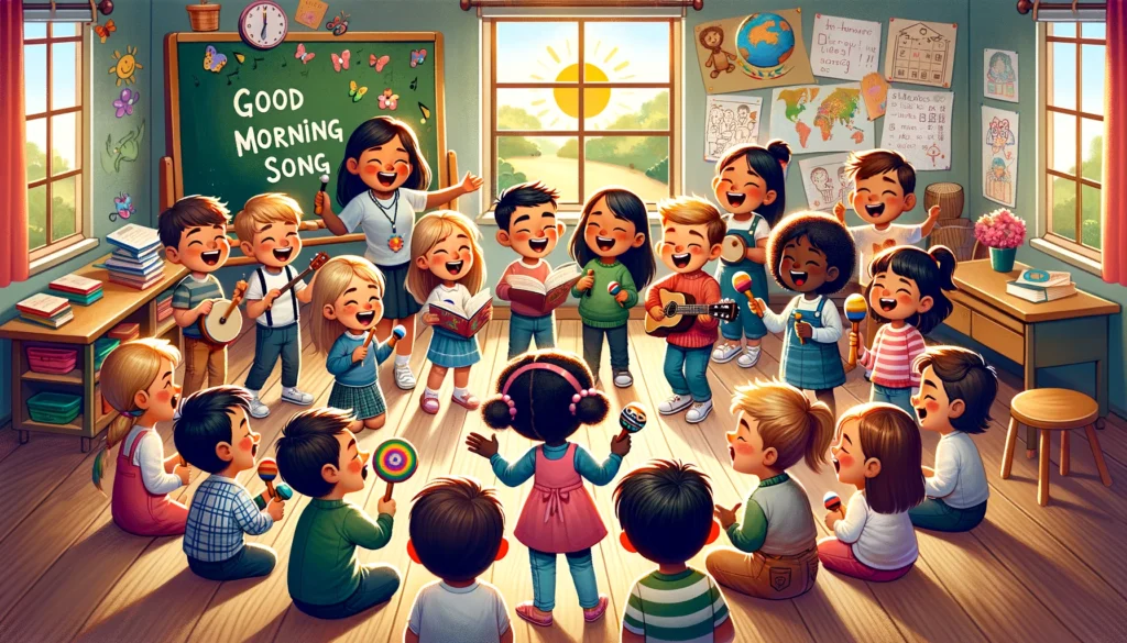 joyful classroom scene with diverse children singing a morning song together, capturing the spirit of starting the day with music and unity in a school environment.