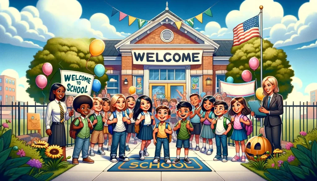 a vibrant and inviting scene at a school entrance, with children and teachers warmly welcoming new students, creating a festive and inclusive atmosphere for the first day of school.